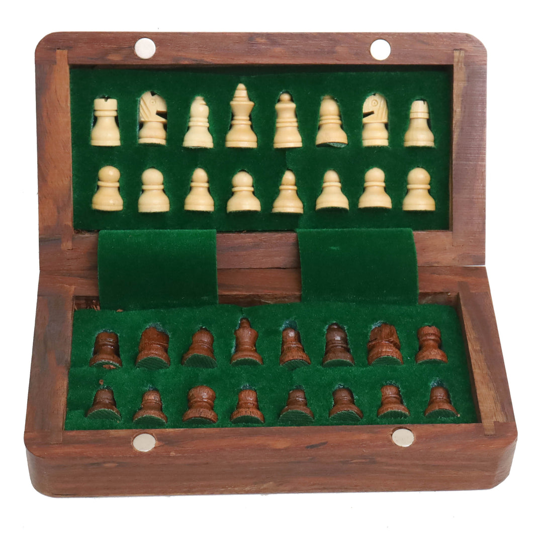 Juego de ajedrez magnético con incrustaciones de madera de palisandro dorado de 5" con tablero plegable