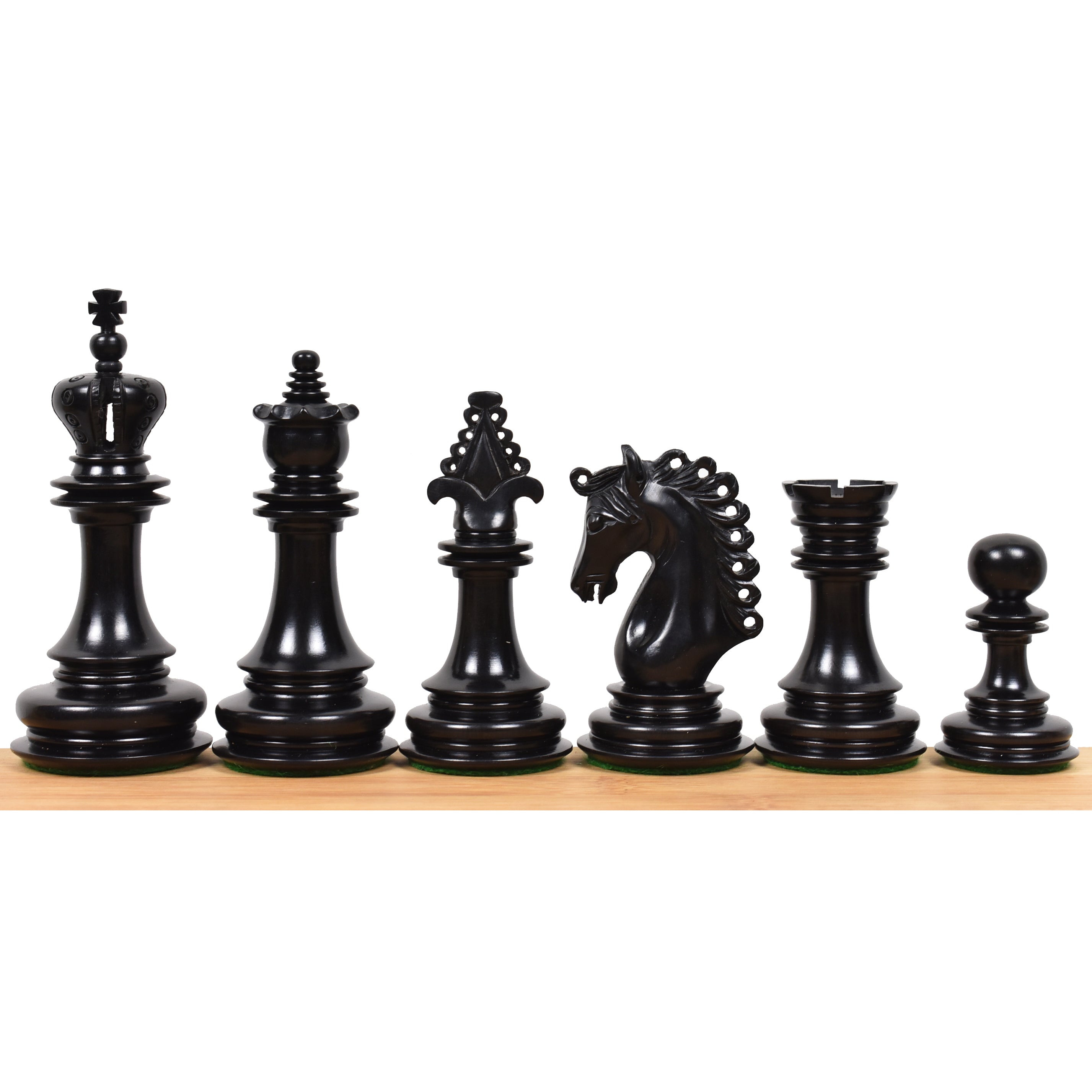 4.5" Carvers' Art Luxury Chess Ebony Wood Pieces with 21" Ebony & Maple Wood Luxury Chess board with Carved Border and Leatherette Coffer Storage Box