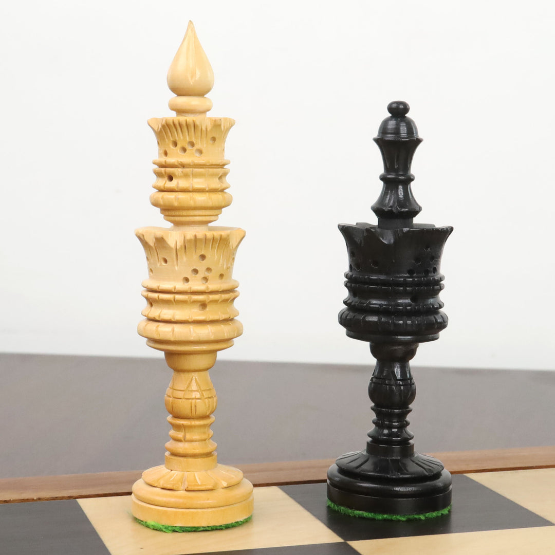 4,7"Håndskåret Lotus-serie skaksæt - Skakbrikker kun i vægtet ibenholt træ