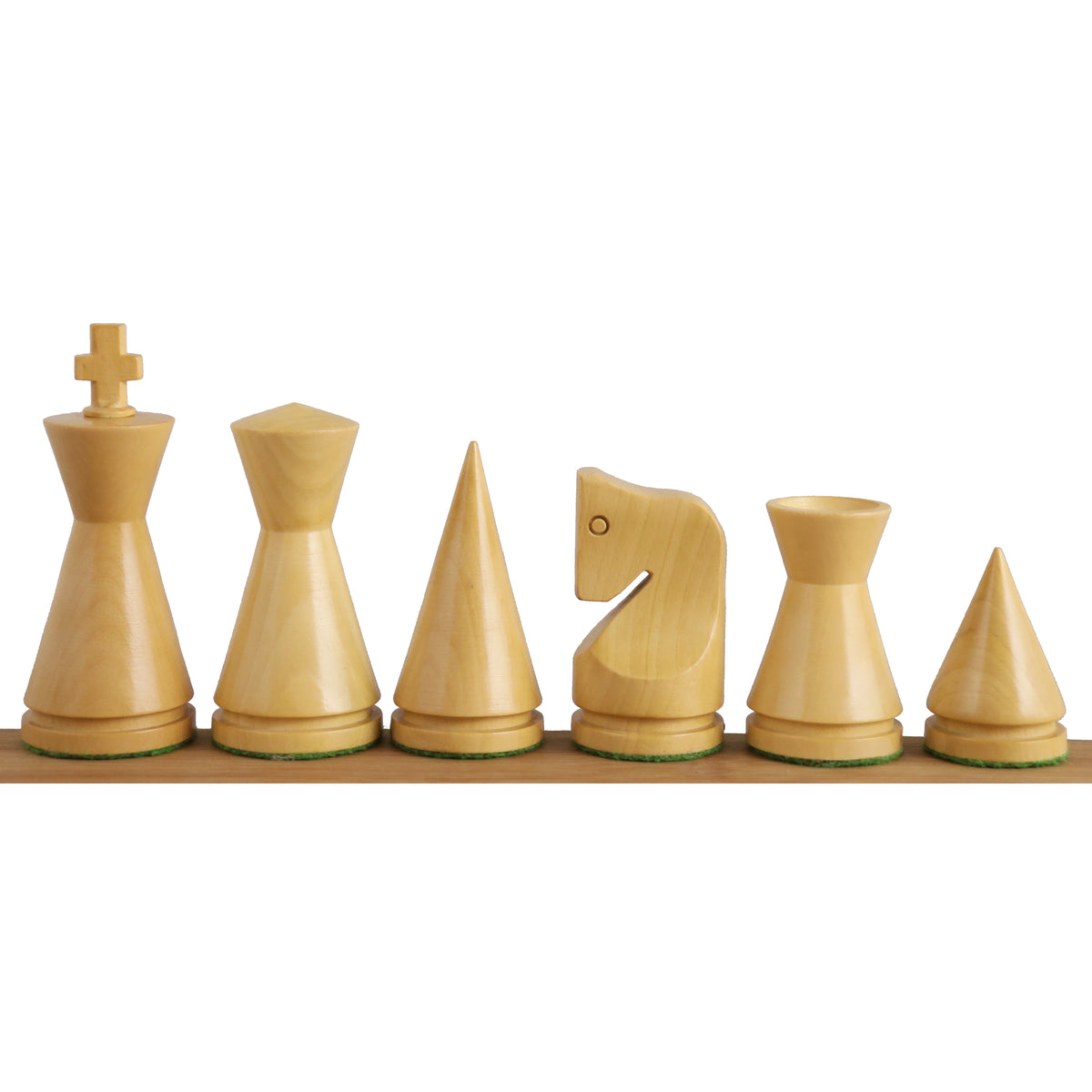 3.1 inch natural boxwood minimalist chess pieces from the Russian Poni collection on a wooden surface.