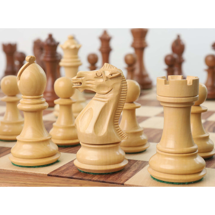 Combo di pezzi di scacchi in legno pesati Pro Staunton da 4,1" in palissandro dorato con scacchiera da 21" e scatola di legno per riporli