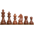 Premium golden rosewood tournament chess pieces set showcasing deep natural grain details.