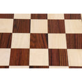 Macro view of the 60mm squares on the Players Choice Rosewood and Maple wood chess board.