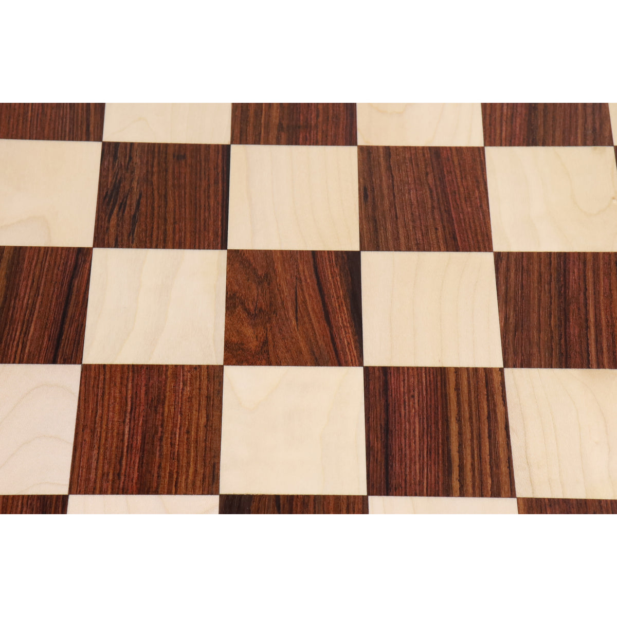 Macro view of the 60mm squares on the Players Choice Rosewood and Maple wood chess board.