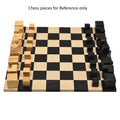 Solid wood roll up travel chess board set up with minimalist wooden chess pieces.