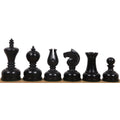 Weighted ebonised black chess pieces featuring the classic Staunton Library Series design.