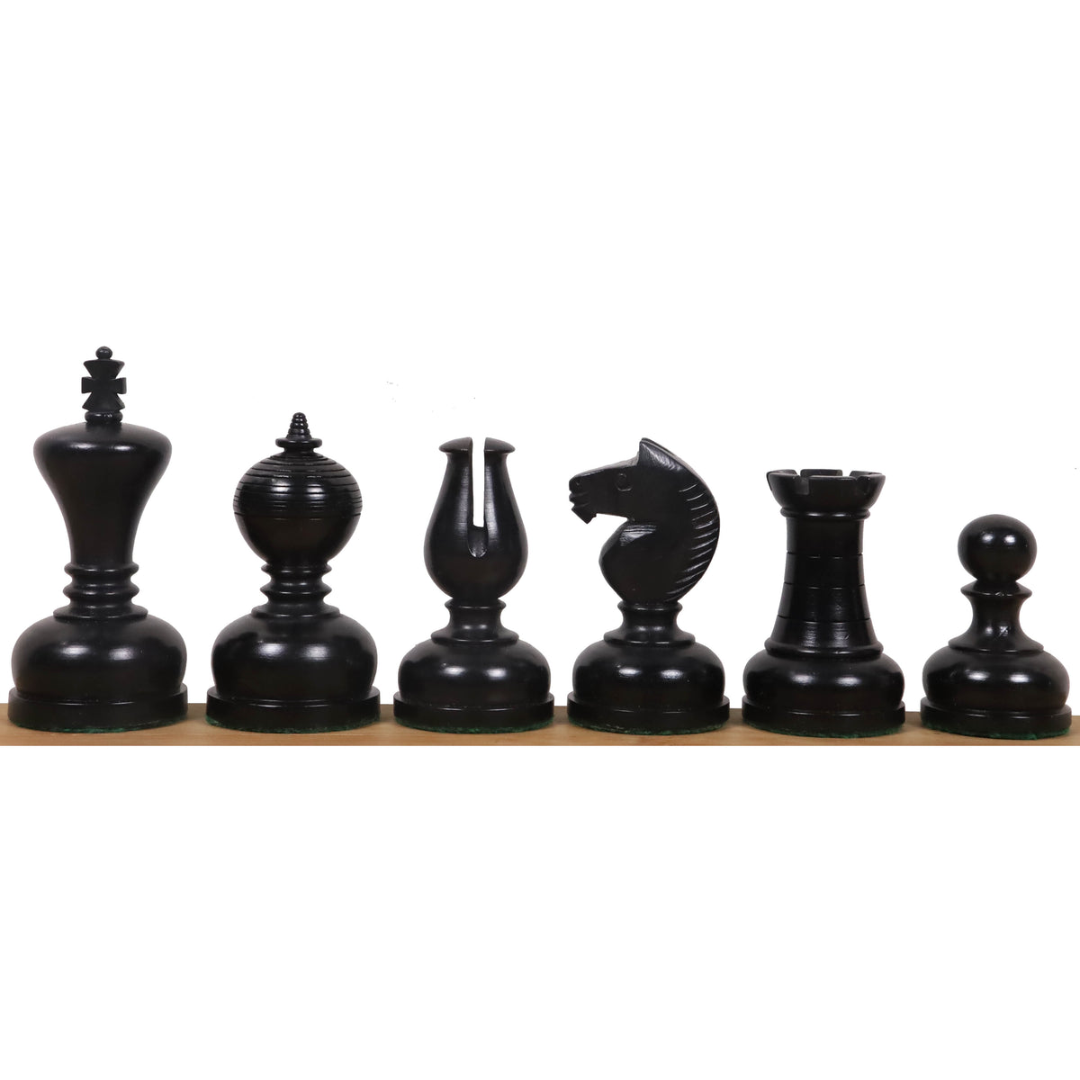 Weighted ebonised black chess pieces featuring the classic Staunton Library Series design.