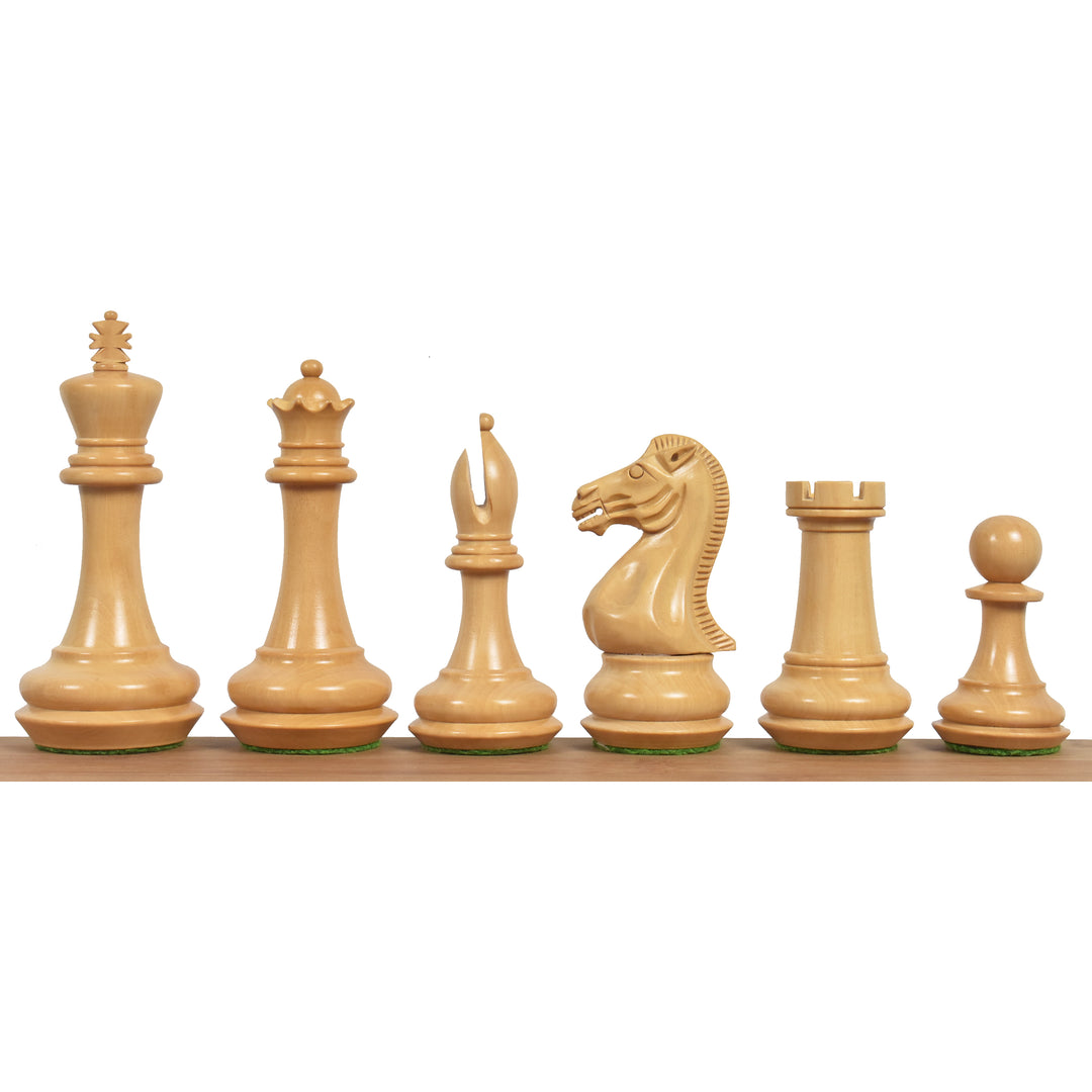 Scacchi a base smussata da 4,1" in palissandro Staunton con scacchiera in palissandro e acero da 21" e scatola per la conservazione degli scacchi in palissandro dorato.