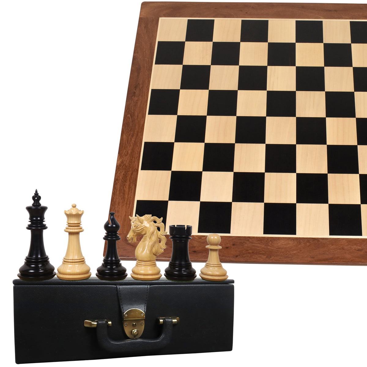 Spartacus ebony chess pieces arranged on a black coffer box with a 23-inch wooden chessboard behind them.