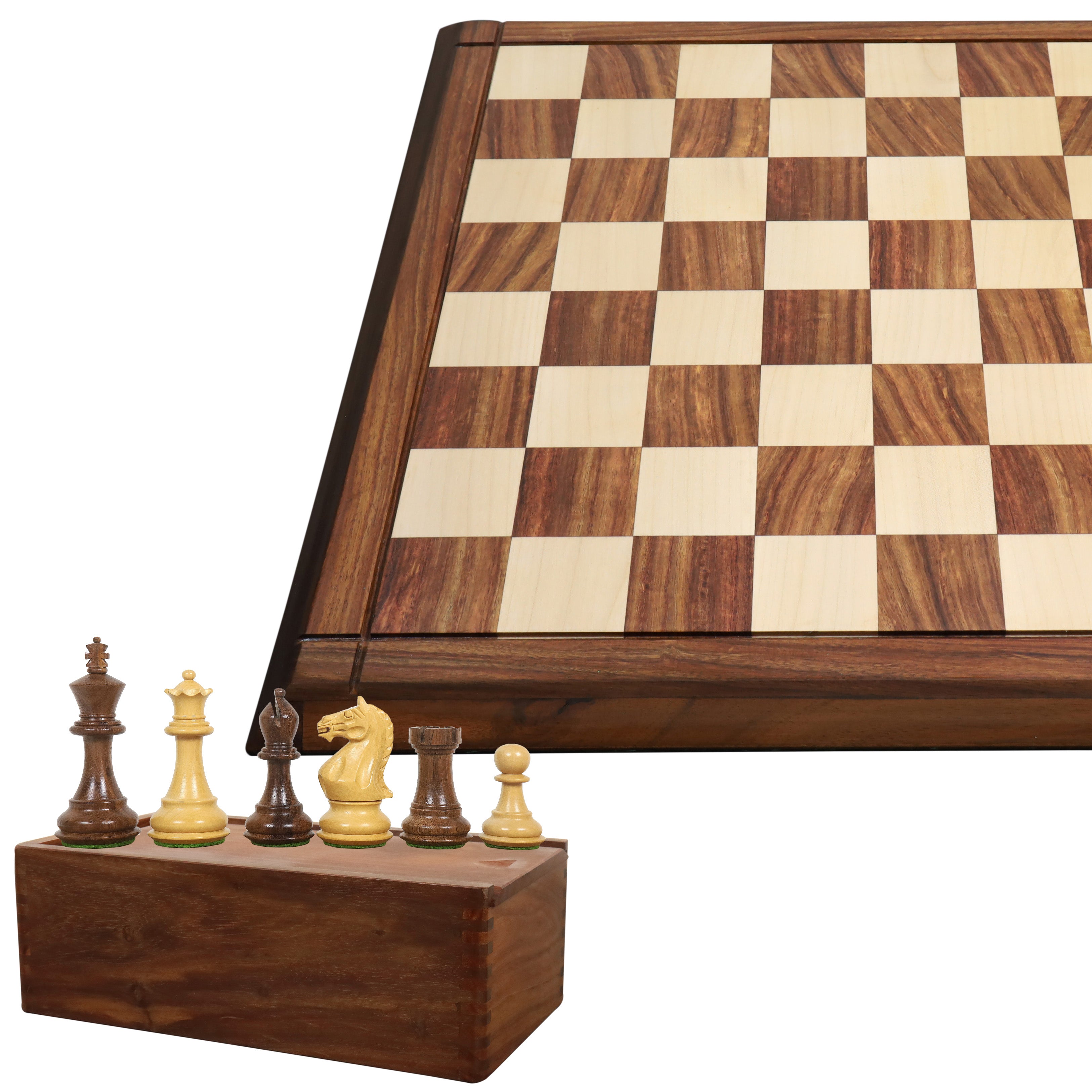 3.75" Queens Gambit Staunton Chess Pieces With 21" Drueke Style Matt Finish Chess Board And Storage Box - Golden Rosewood & Maple Wood