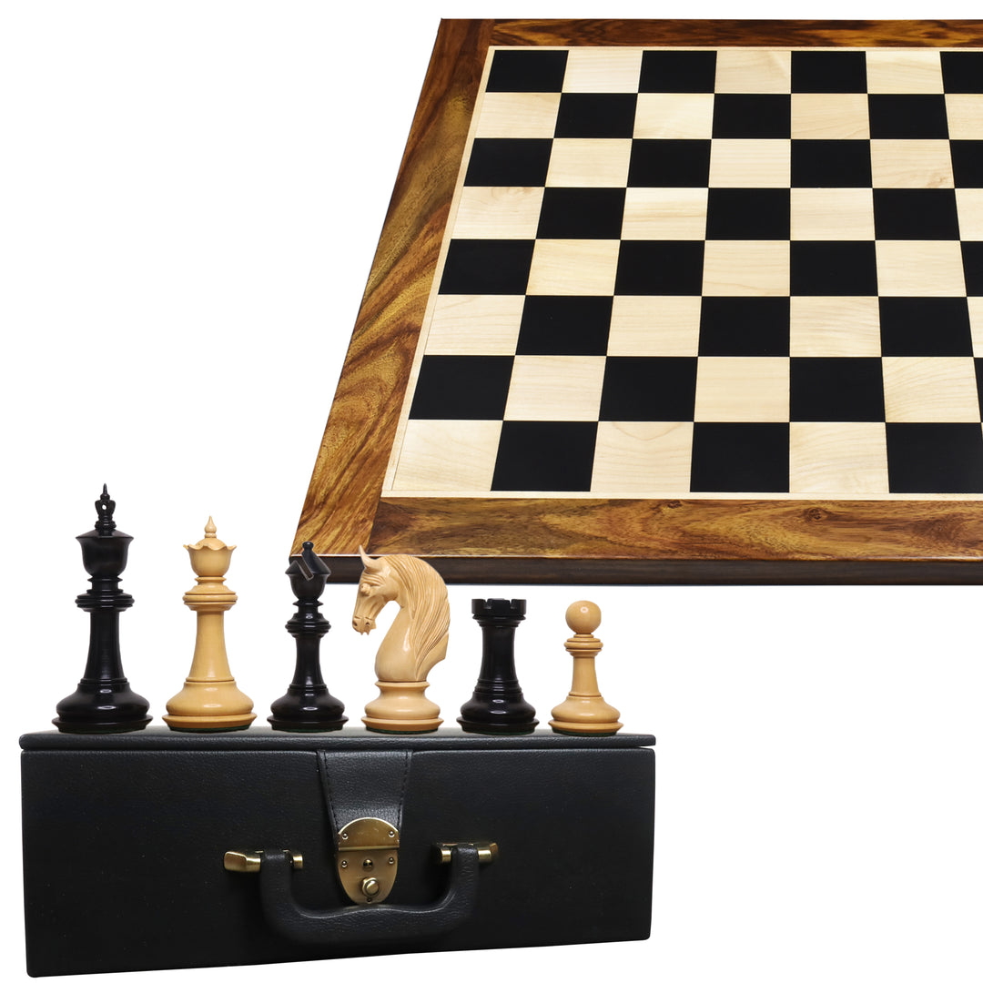 Pièces d'échecs de luxe en bois d'ébène Staunton de 4.6" avec un grand échiquier en bois d'ébène et d'érable de 23" - bordures en sheesham et boîte de rangement en simili cuir