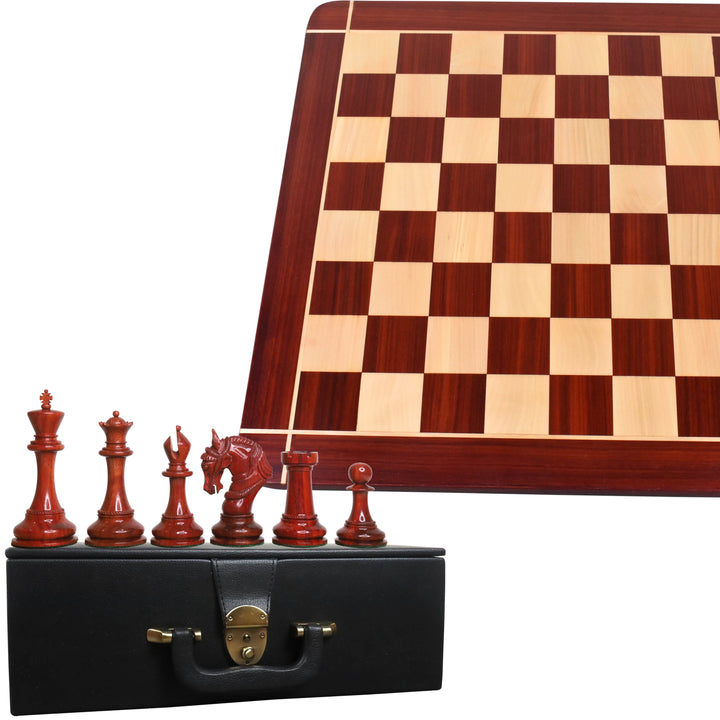 Kombo af 4,5" Imperator Luksus Staunton Bud Rosentræ skakbrikker med 23" Bud Rosentræ skakbræt og opbevaringsboks