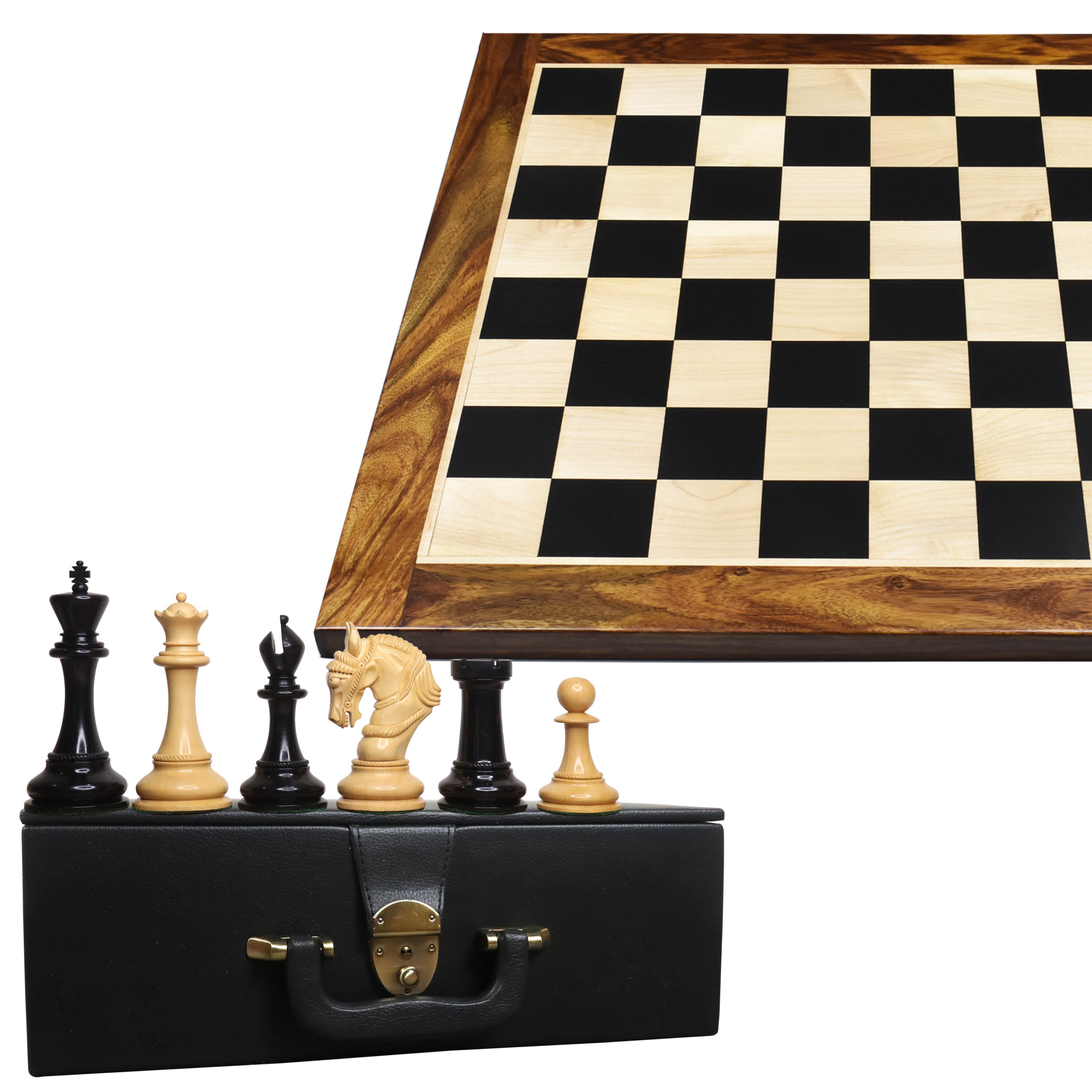 4.5" Imperator Luxury Staunton Ebony Wood Chess Pieces with 23" Large Ebony & Maple Wood Chessboard and Leatherette Coffer Storage Box