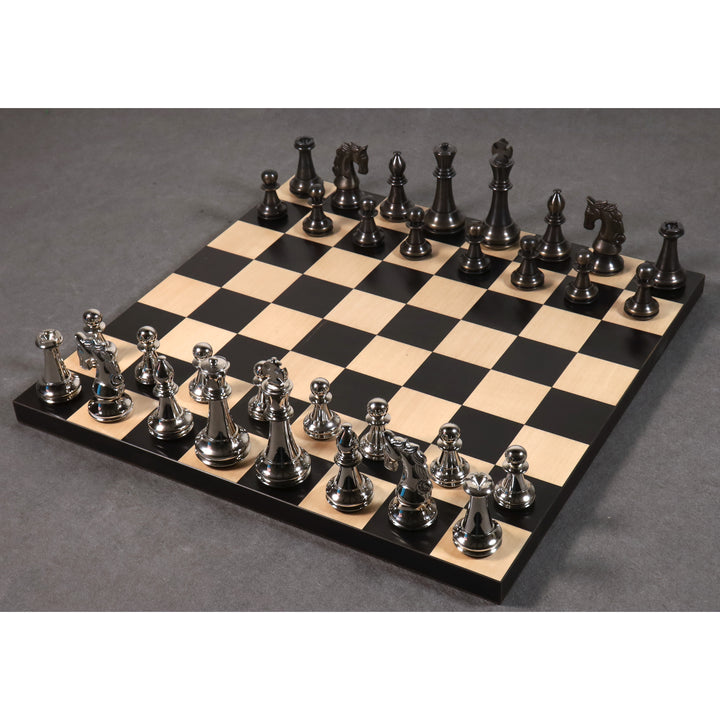 4,3" Staunton-inspireret messing metal luksus skaksæt - kun skakbrikker - sølv og antik