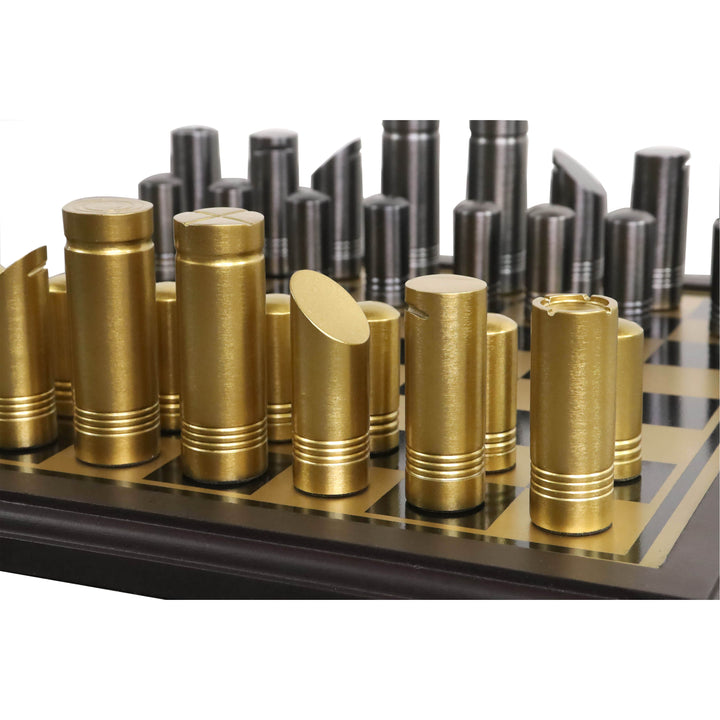 Set combinato di pezzi e scacchiere di lusso in ottone e metallo della serie Tower da 14" - Oro e grigio