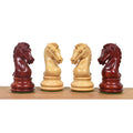 Profile view of four carved 3.9" Craftsman Staunton knights in Bud Rosewood and Boxwood facing each other.