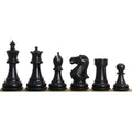 Full set of 3 inch weighted ebonized boxwood Staunton chess pieces with a polished black finish.