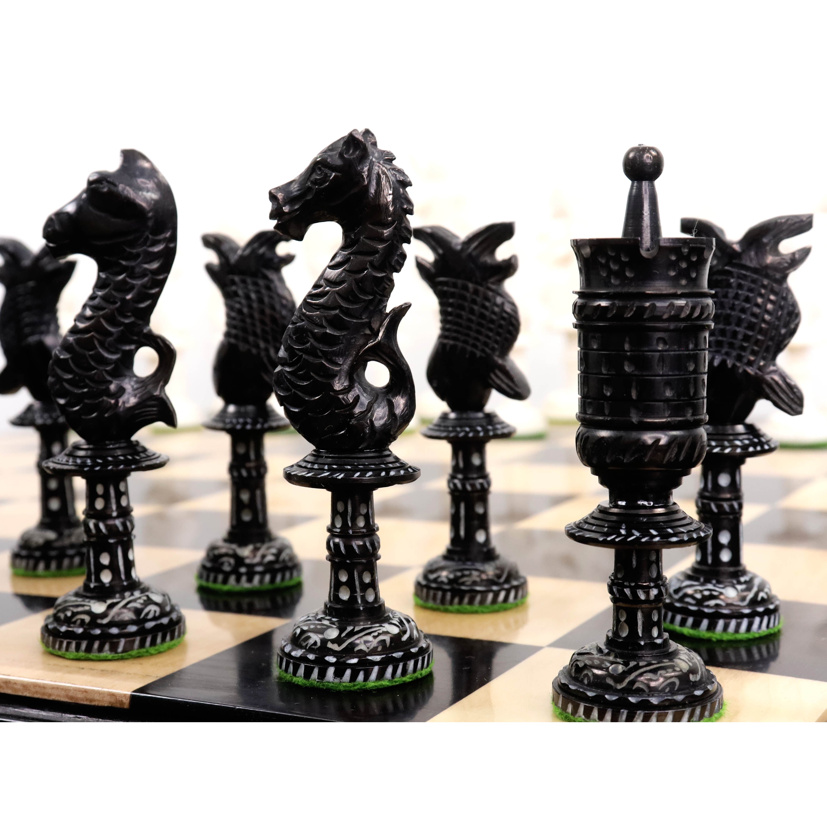 4.8" Water Kingdom Series Hand Carved Chess Pieces Only Set - Camel Bone