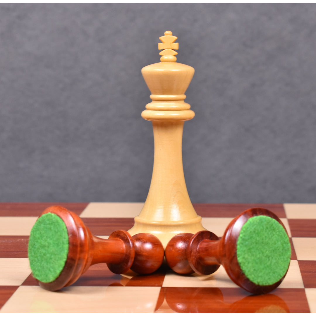 Pièces d'échecs de luxe Staunton 4" en bois de rose avec échiquier de 17.7" sans bordure en bois de rose et érable et boîte de rangement pour pièces d'échecs en bois de rose doré