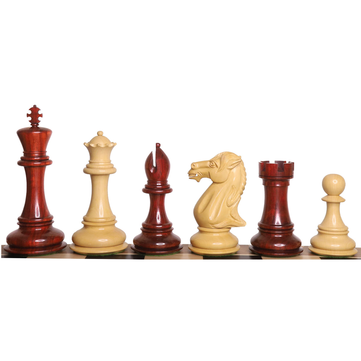 Full set of premium Bud Rosewood Staunton chess pieces aligned for display.