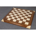 Perspective view of the 21" Golden Rosewood and Maple wood luxury chessboard suitable for tournament-sized pieces.