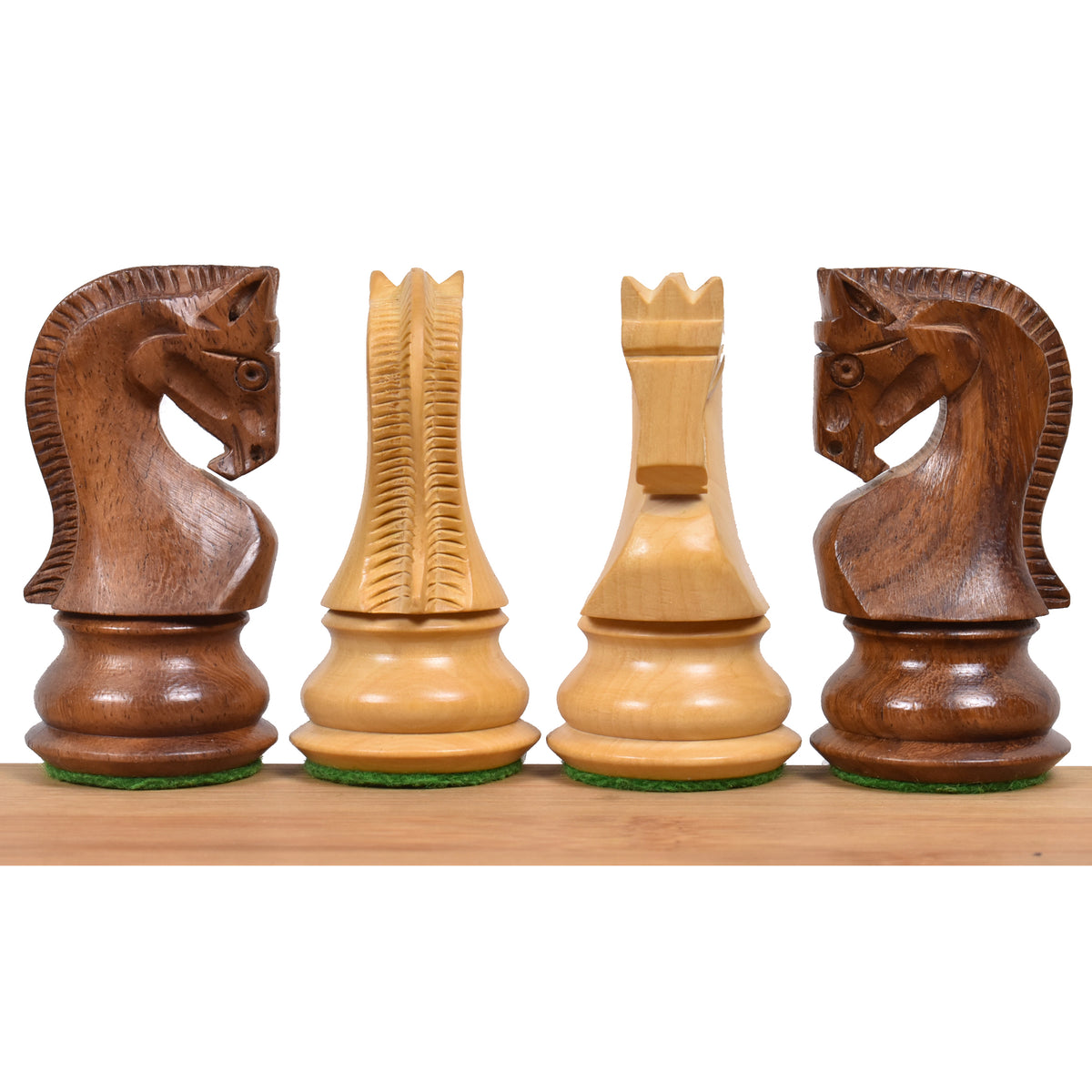 Finely carved Russian Zagreb knight chess pieces shown from front, back, and side angles.