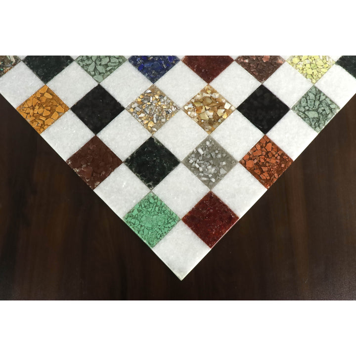 Tablero de ajedrez de lujo de mármol sin bordes de 18''-Blanco y piedras semipreciosas multicolores