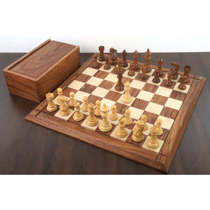 Kombo 4,1" drewnianych szachów ważonych Pro Staunton w  Złote Drewno Różanez 21" planszą i drewnianym pudełkiem do przechowywania