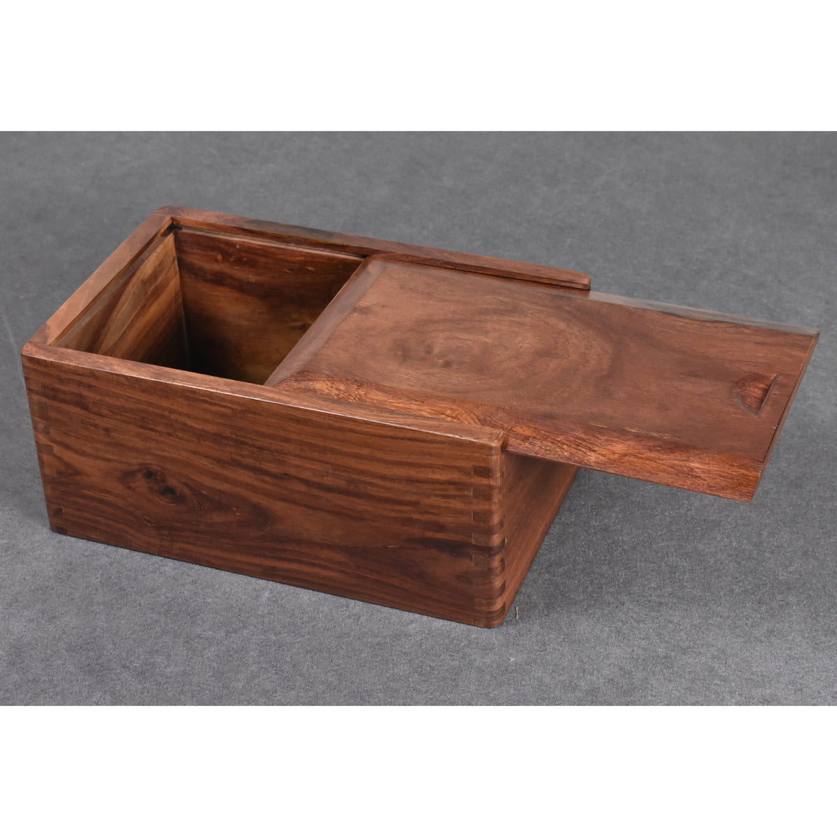 Side-angle view of the golden rosewood storage box with the lid extended.