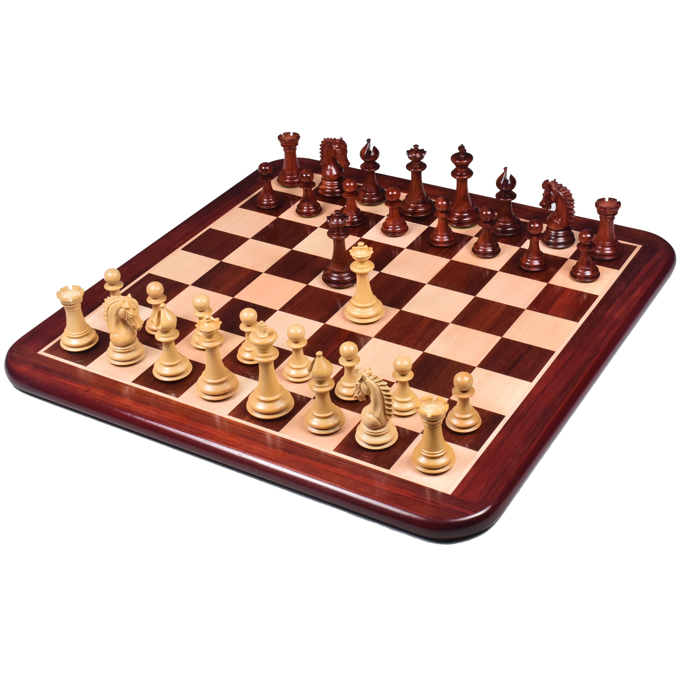 Combo of 3.7" Emperor Series Staunton Chess Pieces in Bud Rosewood with 21" Chess board and Leatherette Coffer Storage Box