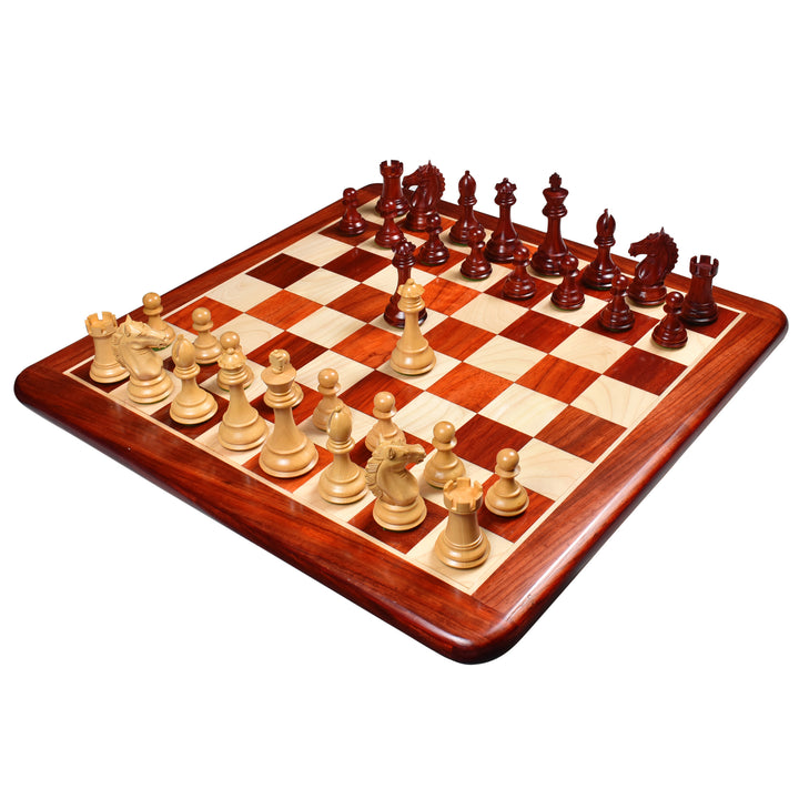 Pièces d'échecs exclusives Alban Staunton en bois Bud Rose avec échiquier 21" en bois Bud Rose et érable et boîte de rangement style livre