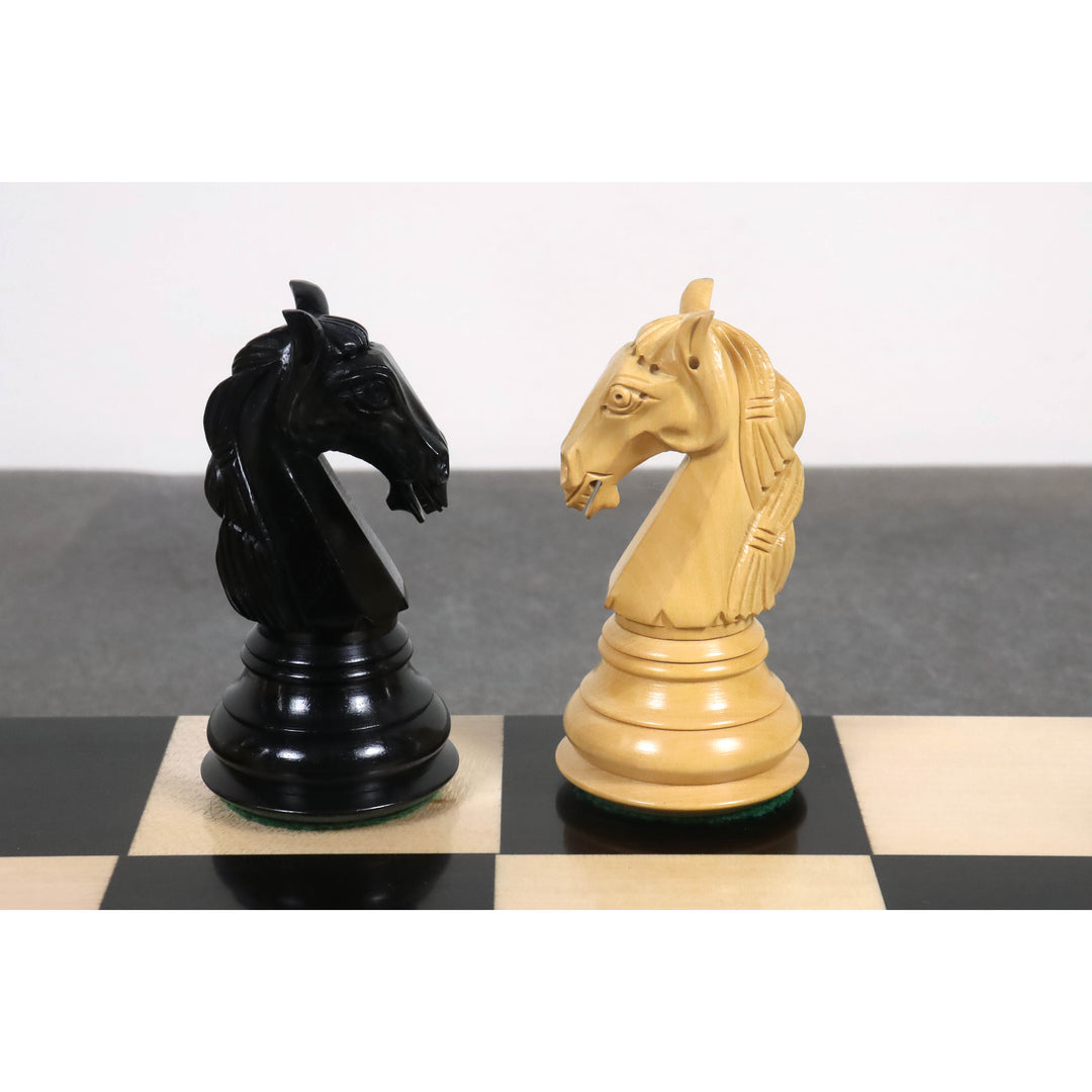 Kombo 4,6″ rzadkich kolumbijskich, potrójnie ważony, luksusowych szachów z drewna hebanowego z 23” planszą szachową z drewna hebanowego i klonowego oraz pudełkiem do przechowywania
