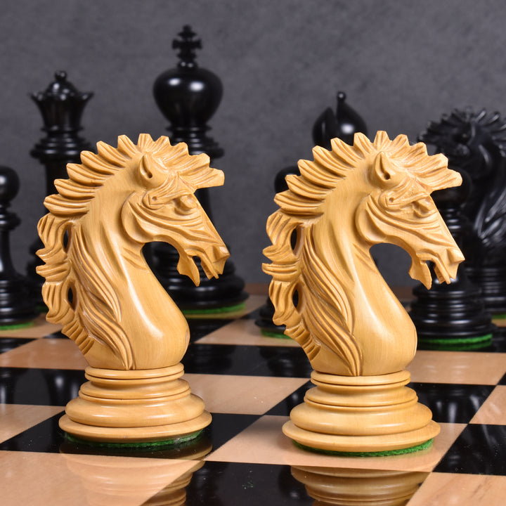 Jeu d'échecs de luxe Mogul 4.6" - Pièces d'échecs en bois d'ébène + échiquier et boîte de rangement en similicuir brun foncé