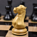 Detailed view of a single boxwood executive staunton knight on the board.