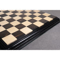 Full view of a 21-inch ebony and maple luxury chess board.