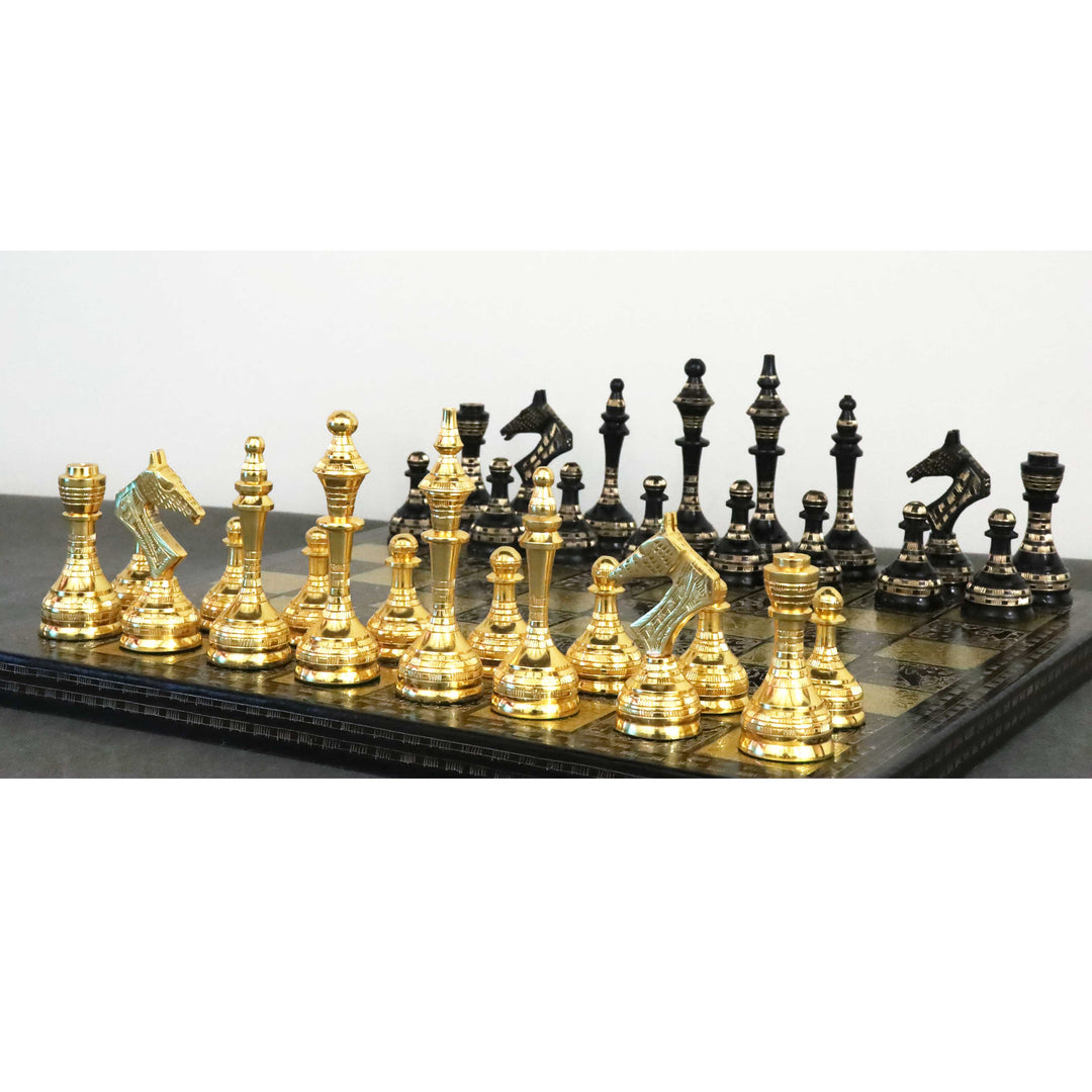 Sovjetisk inspireret messing metal luksus skakbrikker og bræt sæt - 14" - sort og guld - unik kunst