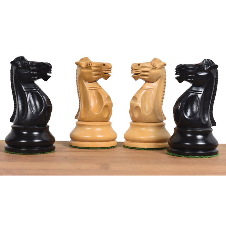 3.9" Lessing Staunton schaakstukken van ebbenhout met drie gewichten, 21" schaakbord van ebbenhout en esdoornhout en een opbergdoos in boekvorm.