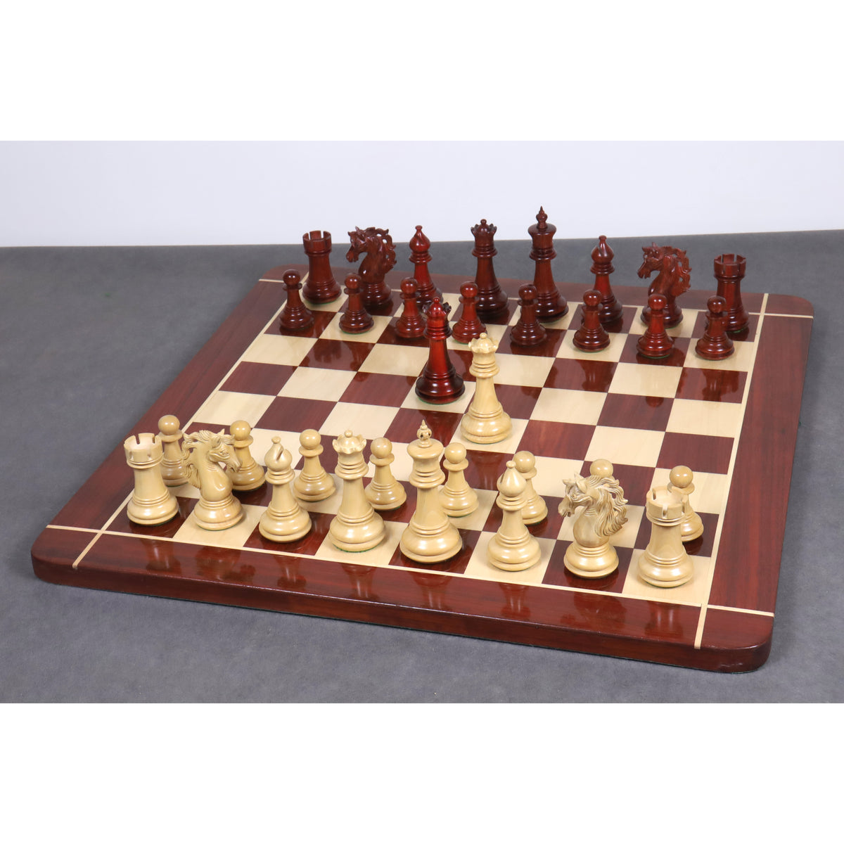 Full 4.6" Spartacus Staunton luxury chess set arranged for a game.