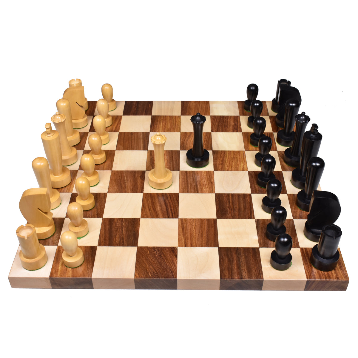 Berliner modern minimalist chess pieces set arranged on a premium wooden chessboard for a game.