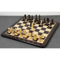 Complete Pinney Staunton chess pieces in rosewood and boxwood set up on a luxury wooden board.
