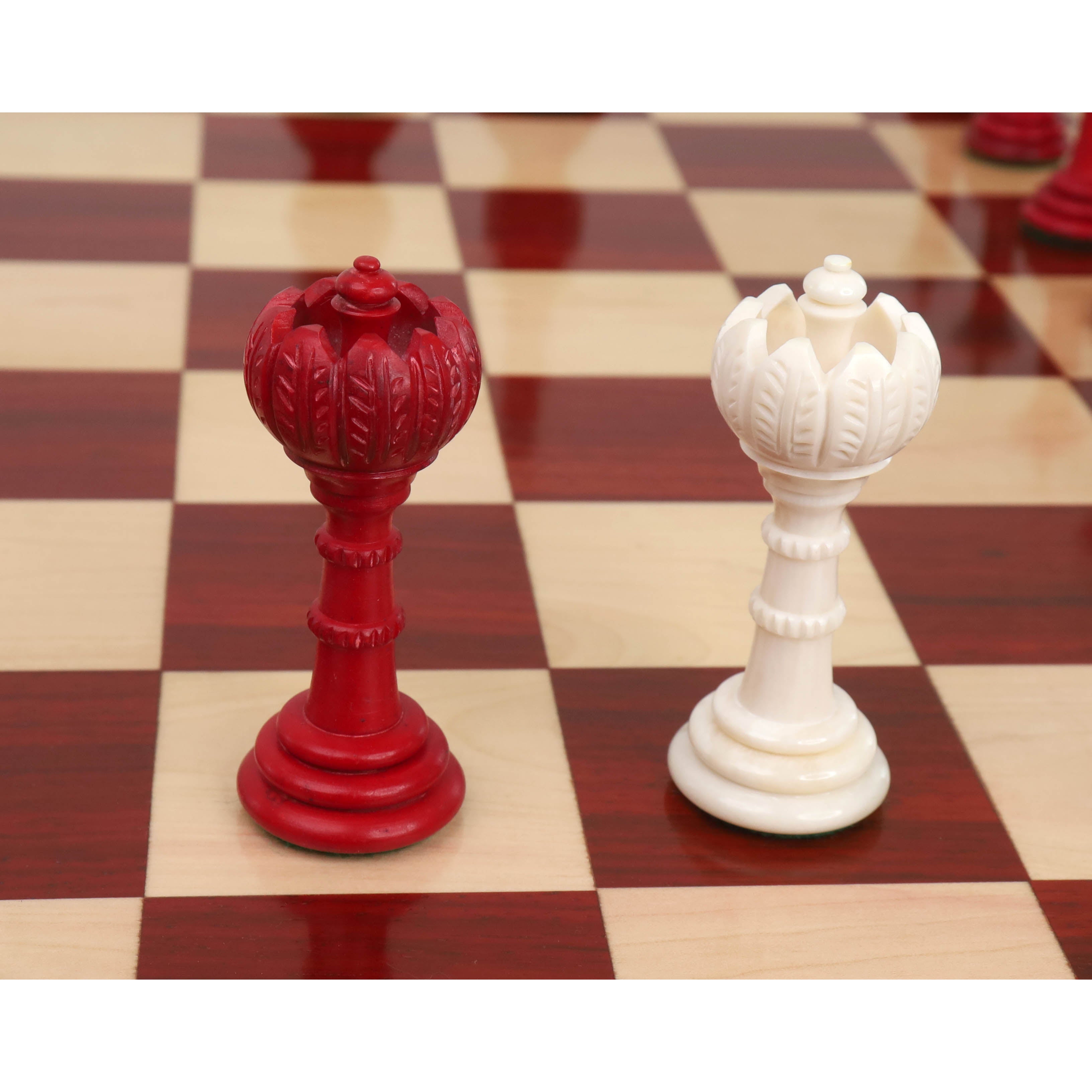 4.6″ Turkish Tower Pre-Staunton Chess Set- Chess Pieces Only-Crimson & White Camel Bone
