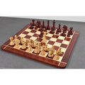 Complete Prestige Luxury Staunton chess set arranged on a wooden chessboard.