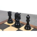Dark rook, knight, and bishop from the 3.8" Imperial Staunton ebony chess pieces set closely framed on a chessboard.