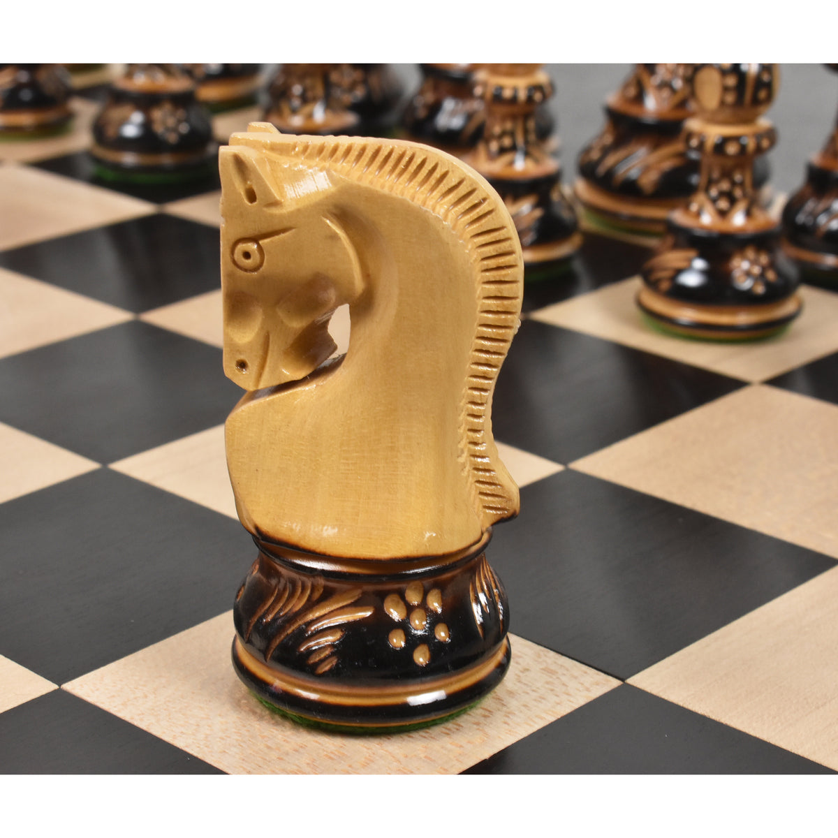 Detailed profile of the intricate Burnt Zagreb wood chess knight.