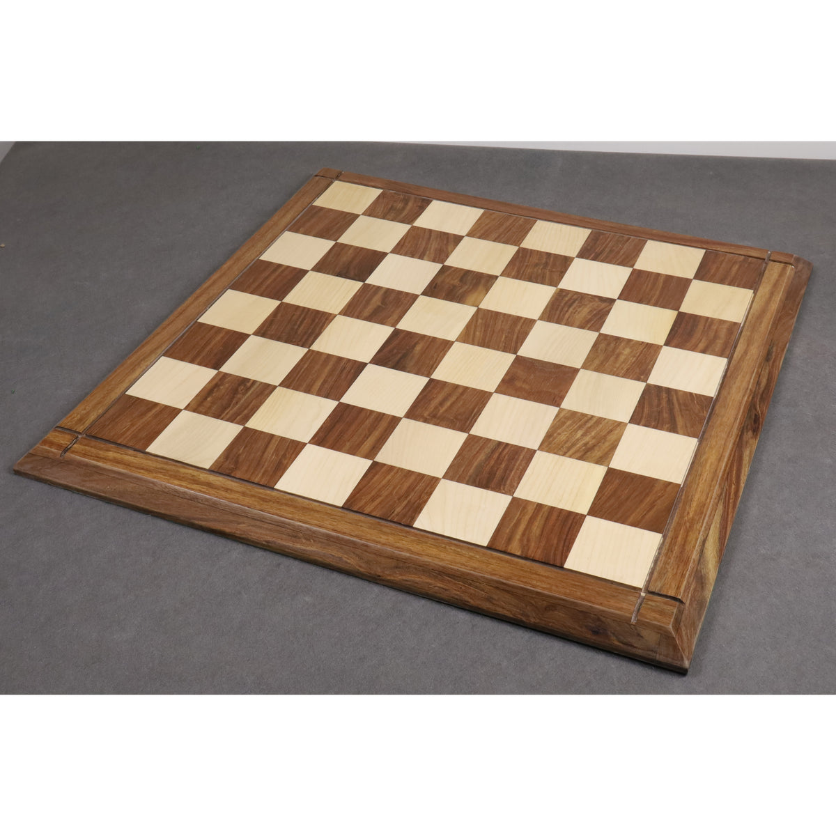 Full view of the professional-grade Players Choice chess board handcrafted with Golden Rosewood and Maple.