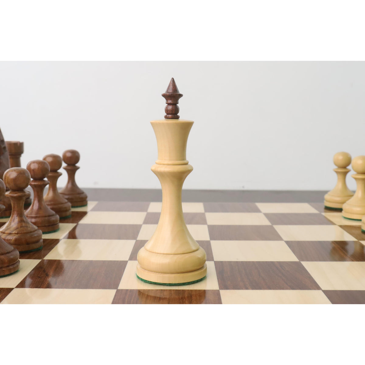 Stately boxwood king piece from the 1960s Soviet Russian chess set.