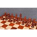 Dark Bud Rosewood pieces of the 3.9" Craftsman Staunton set arranged in their starting positions on a wooden board.