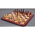 Complete 4.3 inch St. George Pre-Staunton Calvert chess pieces set on a polished wooden board.