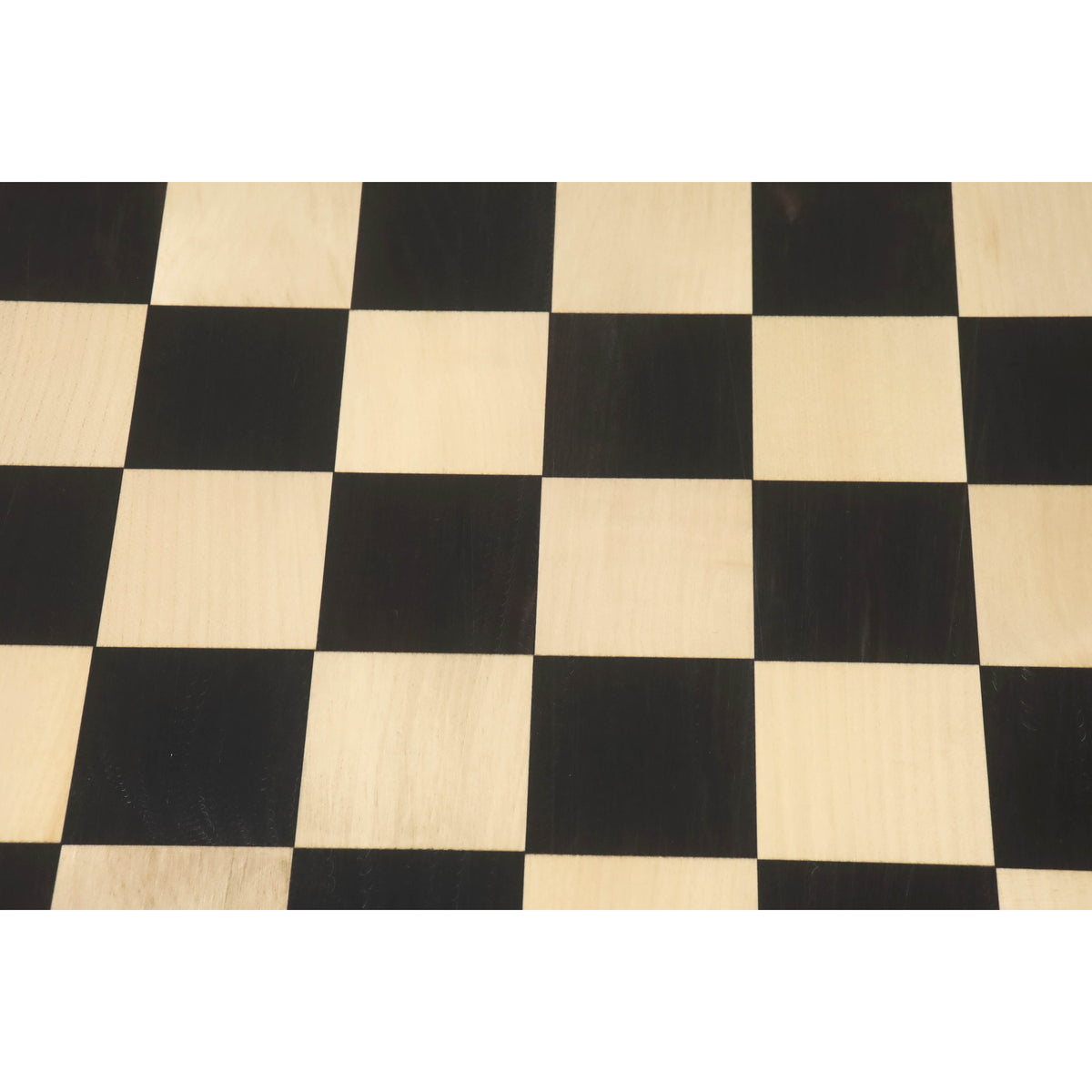 Overhead view of the high-contrast Ebony and Maple checkered pattern squares on a Players Choice chess board.