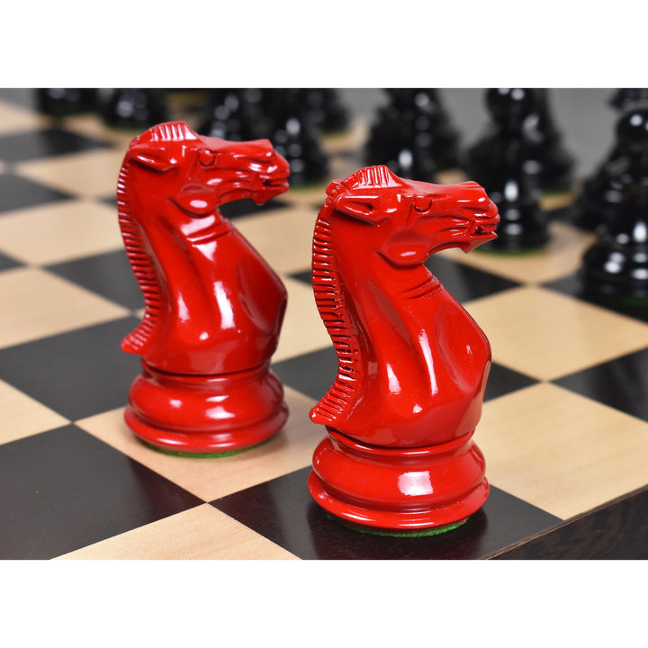 Pièces d'échecs en bois de 4.1" Pro Staunton lestées, peintes en rouge et noir, avec un échiquier carré de 55 mm sans bordure, dans une boîte de rangement en bois massif d'ébène et d'érable et en similicuir.